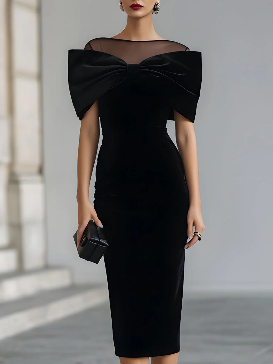 Regina ❘ Abito Midi in Velluto Nero con Fiocco Drammatico