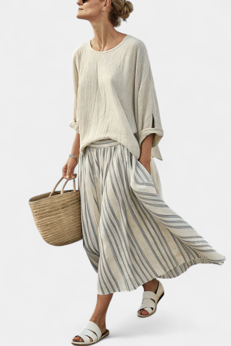 Aurcyn | Blusa Comoda e Larga & Gonna Midi a Righe