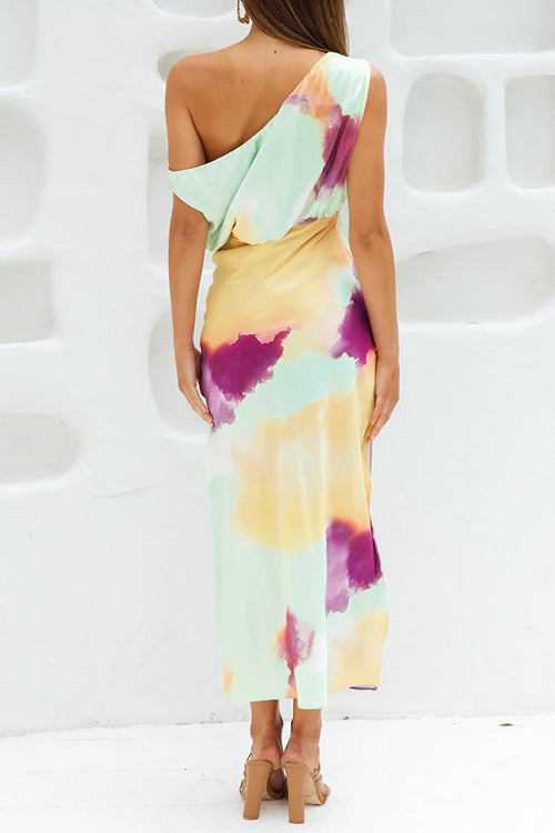 Abito Maxi Asimmetrico con Spalla e Stampa Tie Dye