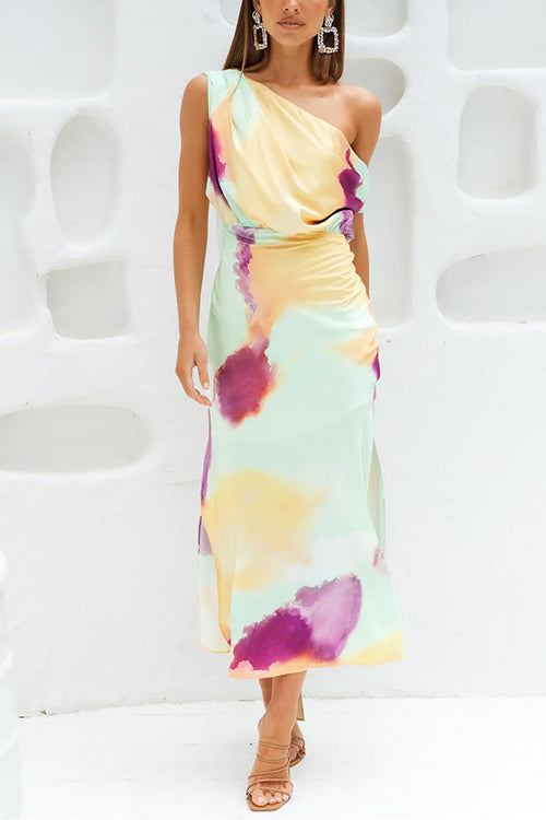 Abito Maxi Asimmetrico con Spalla e Stampa Tie Dye