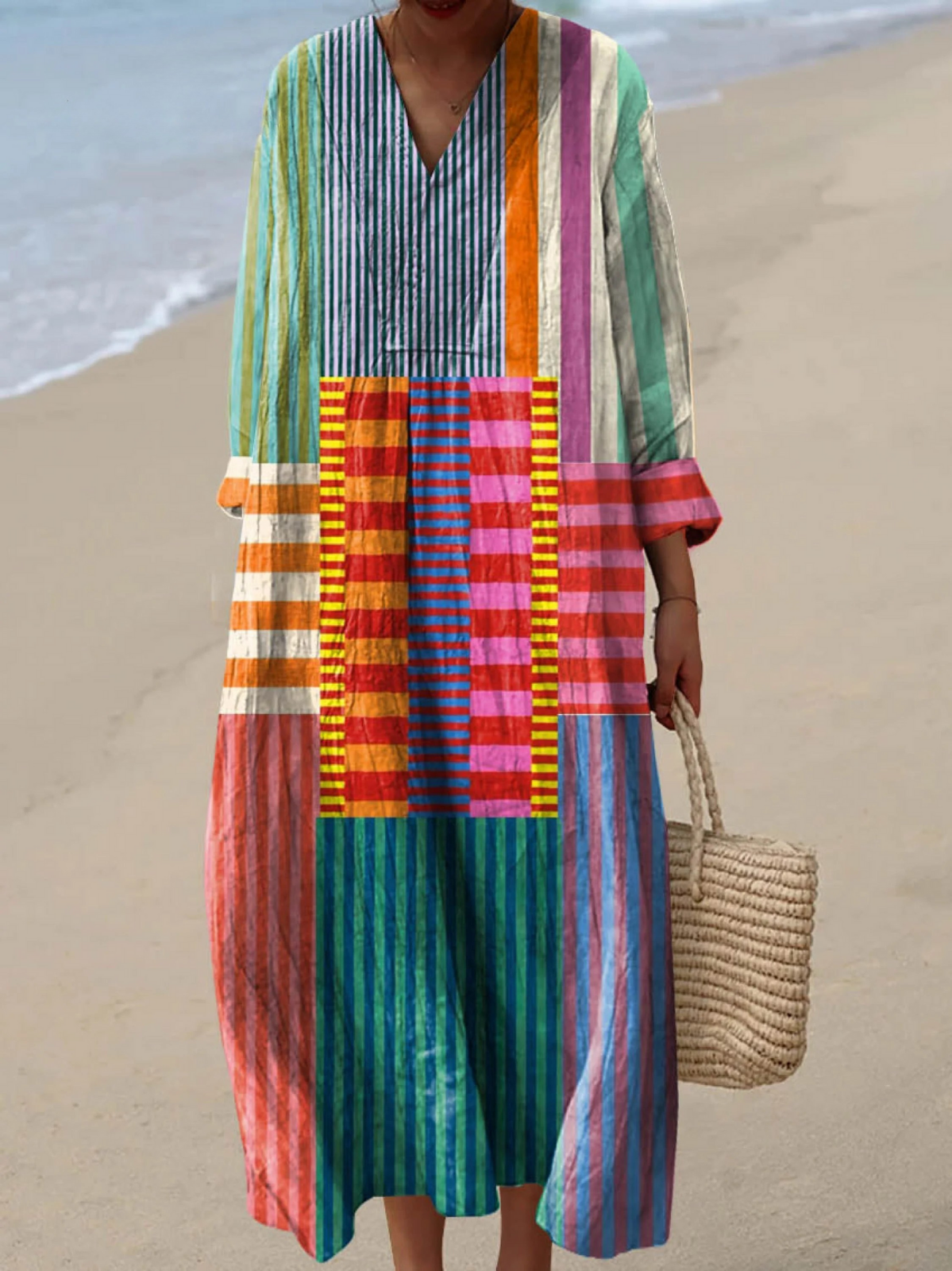 Harper | Maxi Boho Dress, Striped Patchwork