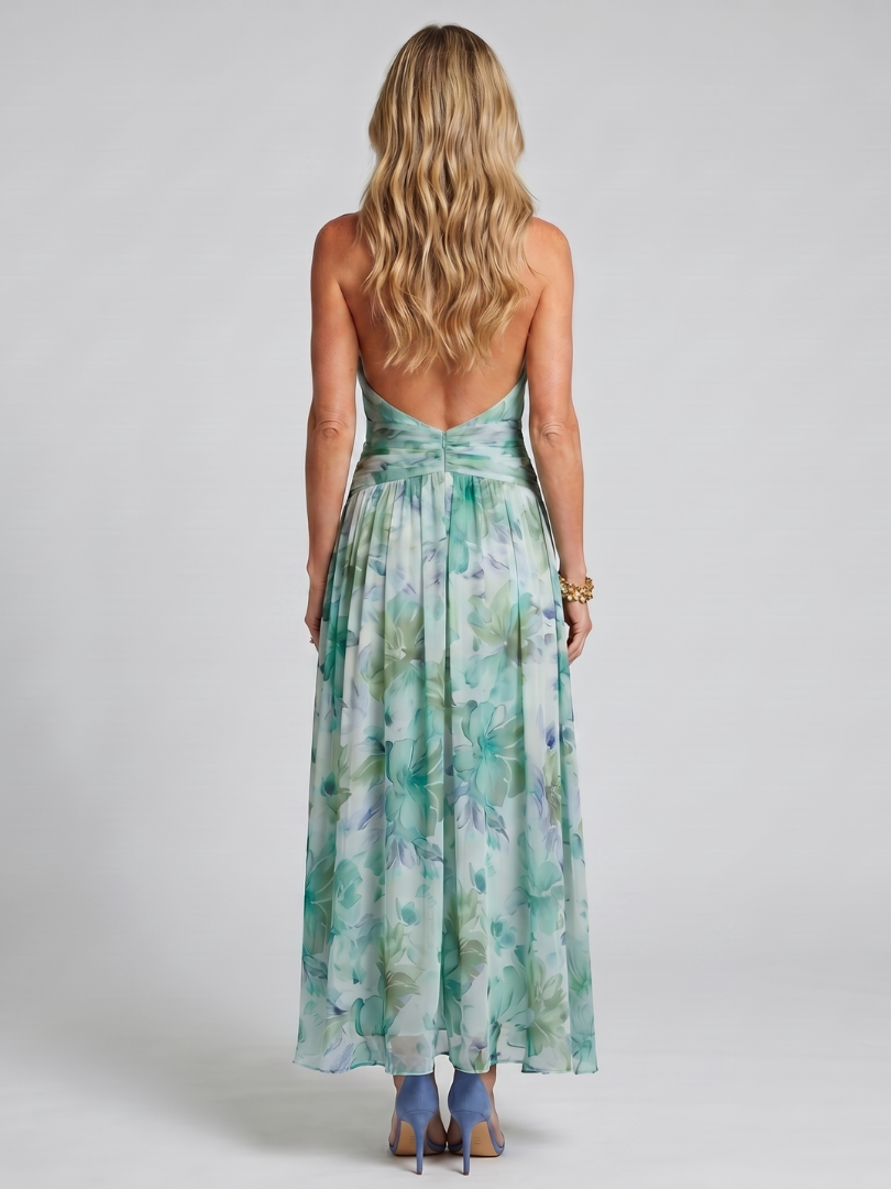 Portia | Abito midi in chiffon con scollo a halter e motivo floreale plissettato