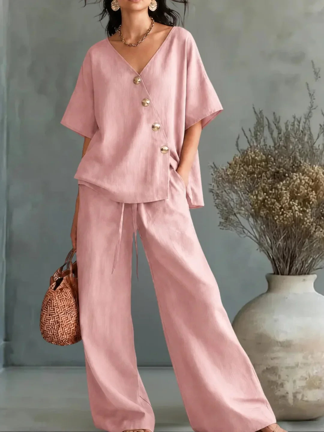 Maya | Two-Piece V-Neck Blouse & High-Waist Palazzo Set