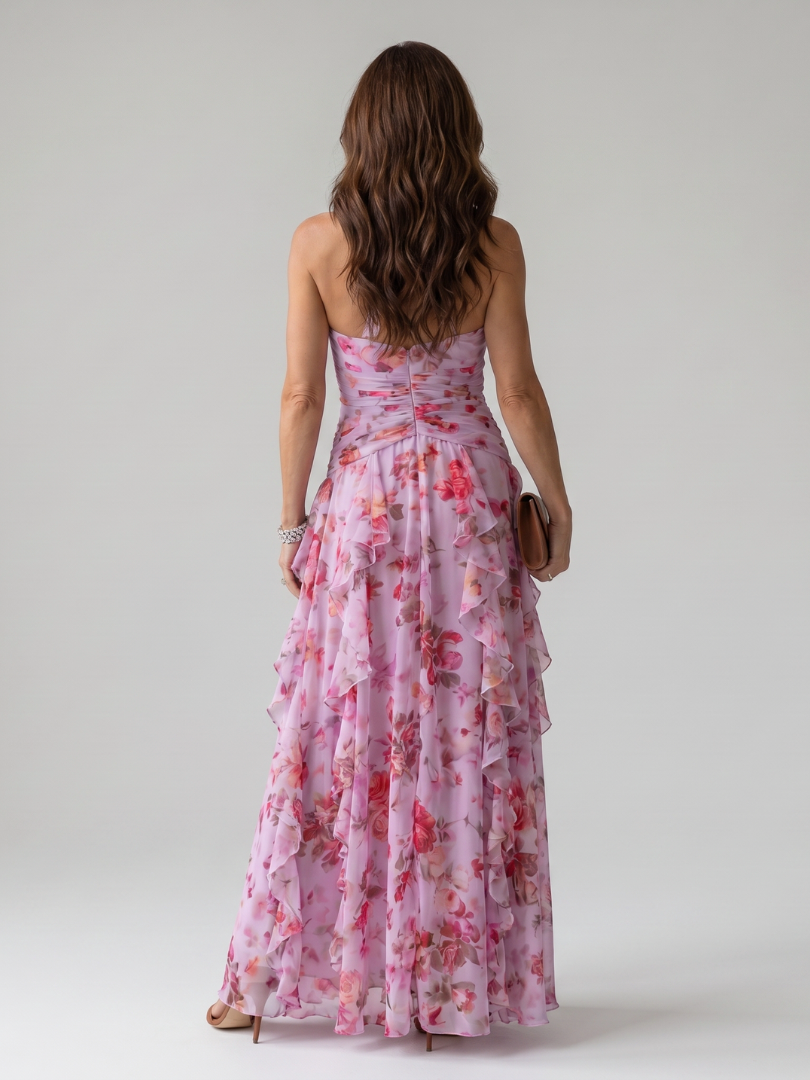 Nori | Abito Maxi Floreale con Scollo All'Americana e Corpino Arricciato