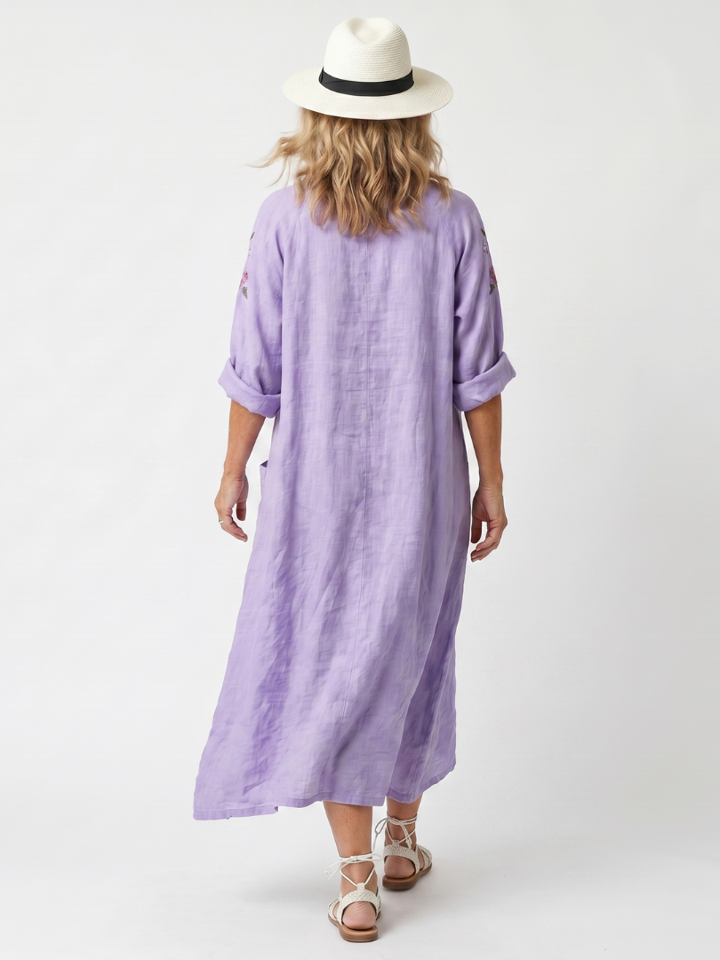 Tavi | Vestito Midi Oversize con Ricami Floreali e Tasche