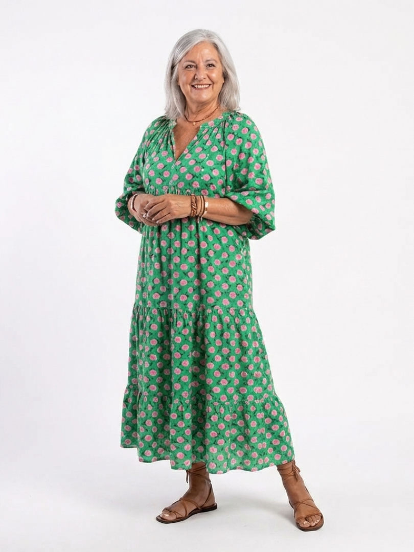 Fiora | Vestito midi a balze con stampa floreale e scollatura a V