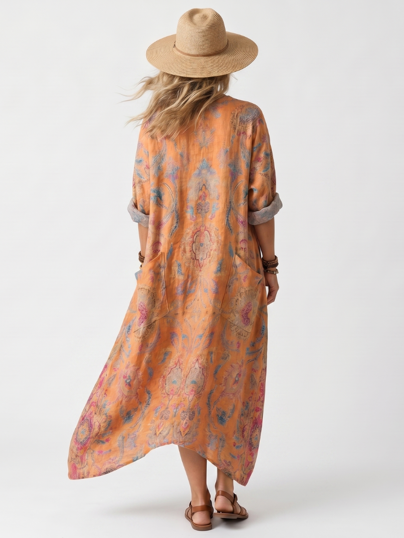 Remi | Abito Midi Oversized con Stampa e Tasche a Collo Notch