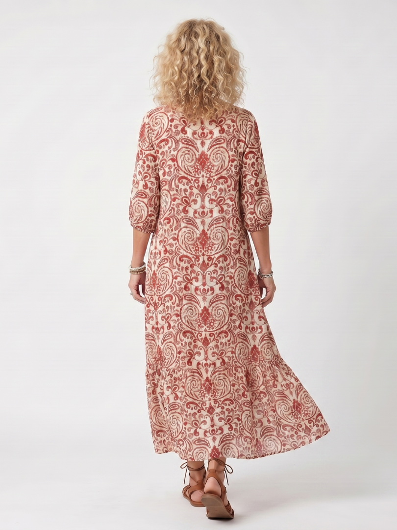 Noelle | Abito midi con stampa ornata e laccetti a frange