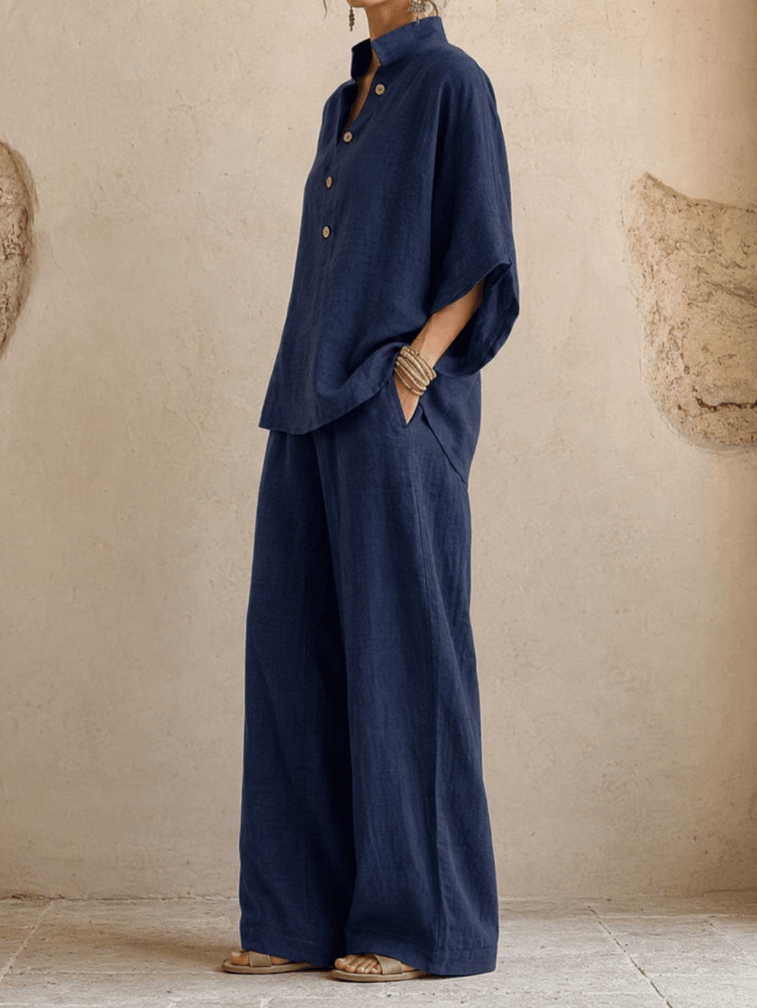 Maribel | Blusa in Lino con Maniche a Pipistrello e Pantaloni a Gamba Larga