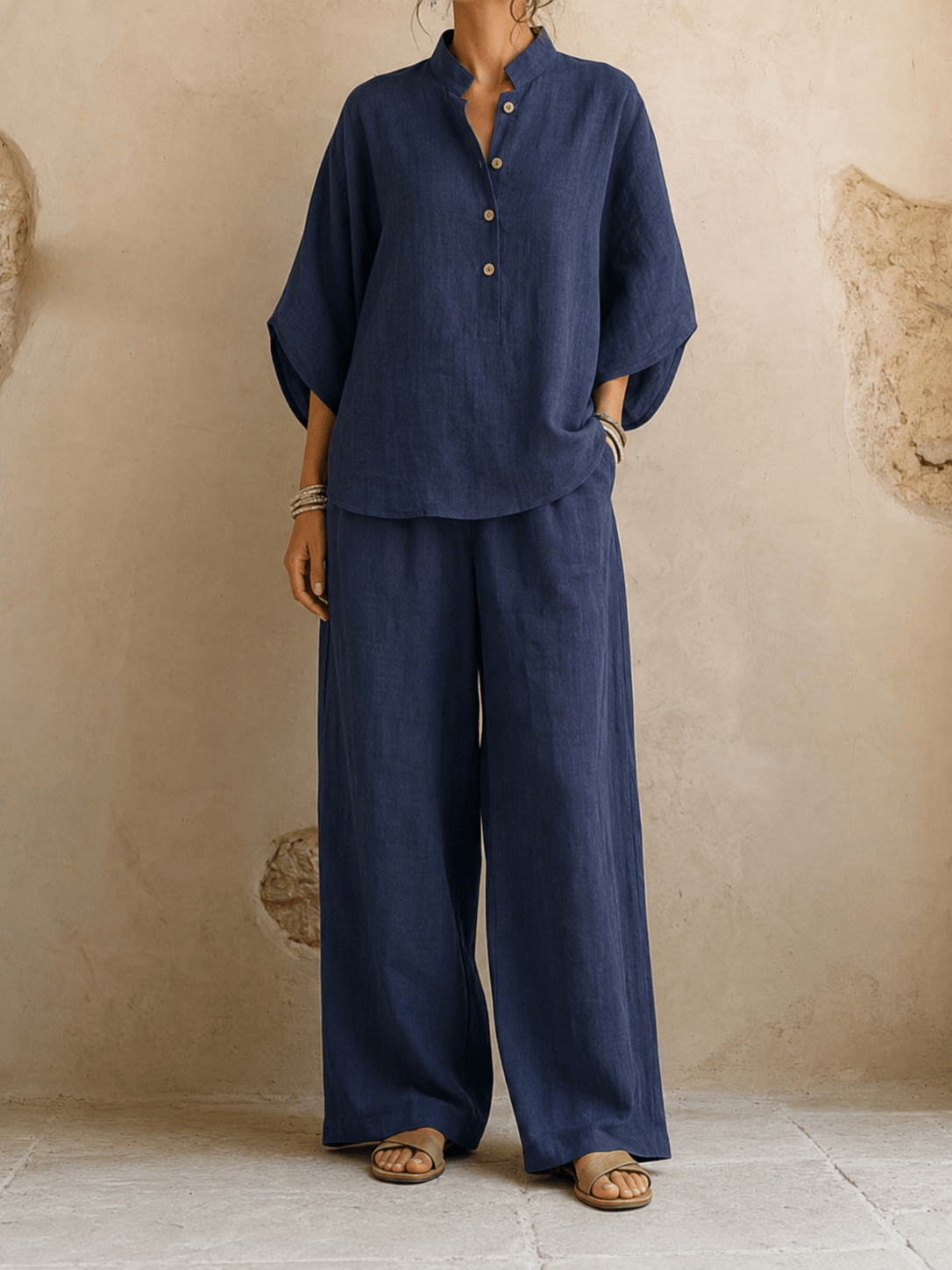 Maribel | Blusa in Lino con Maniche a Pipistrello e Pantaloni a Gamba Larga