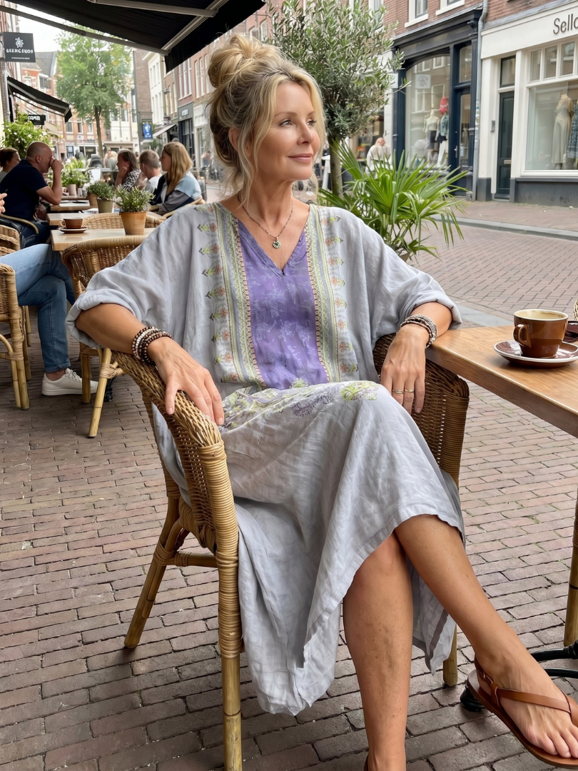 Raina | Vestito midi oversized con pannello a contrasto e ricami