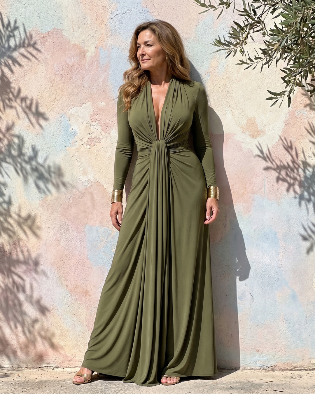 Vimmer | Abito Maxi a Maniche Lunghe con Scollo a V Profondo Drappeggiato