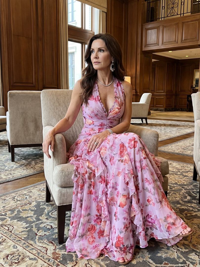 Nori | Abito Maxi Floreale con Scollo All'Americana e Corpino Arricciato