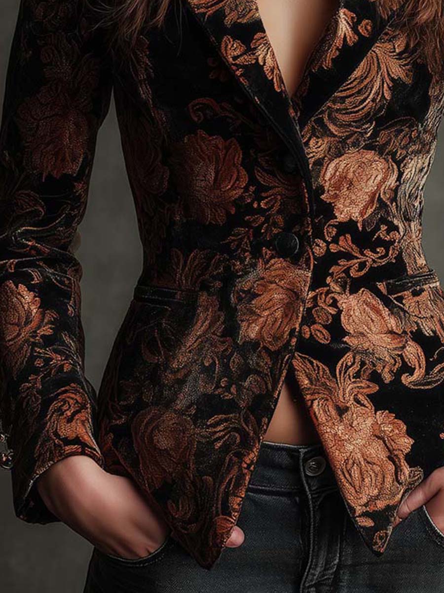Blazer Tailored Nera e Bronzo con Stampa Floreale per Donne
