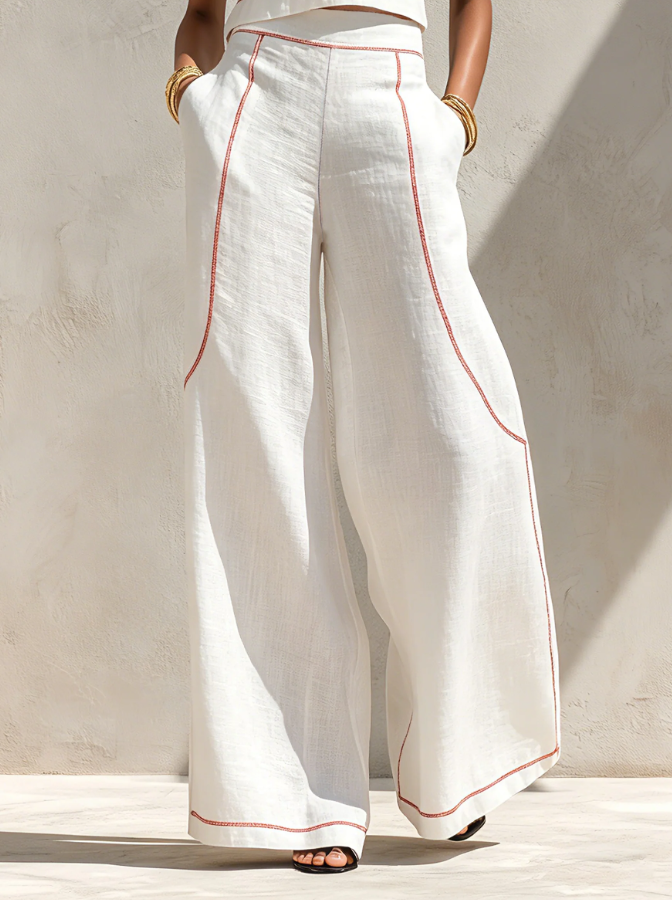 Set Blusa Minimalista in Mistura di Lino e Pantaloni a Gamba Larga da Donna