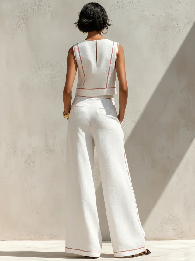 Set Blusa Minimalista in Mistura di Lino e Pantaloni a Gamba Larga da Donna