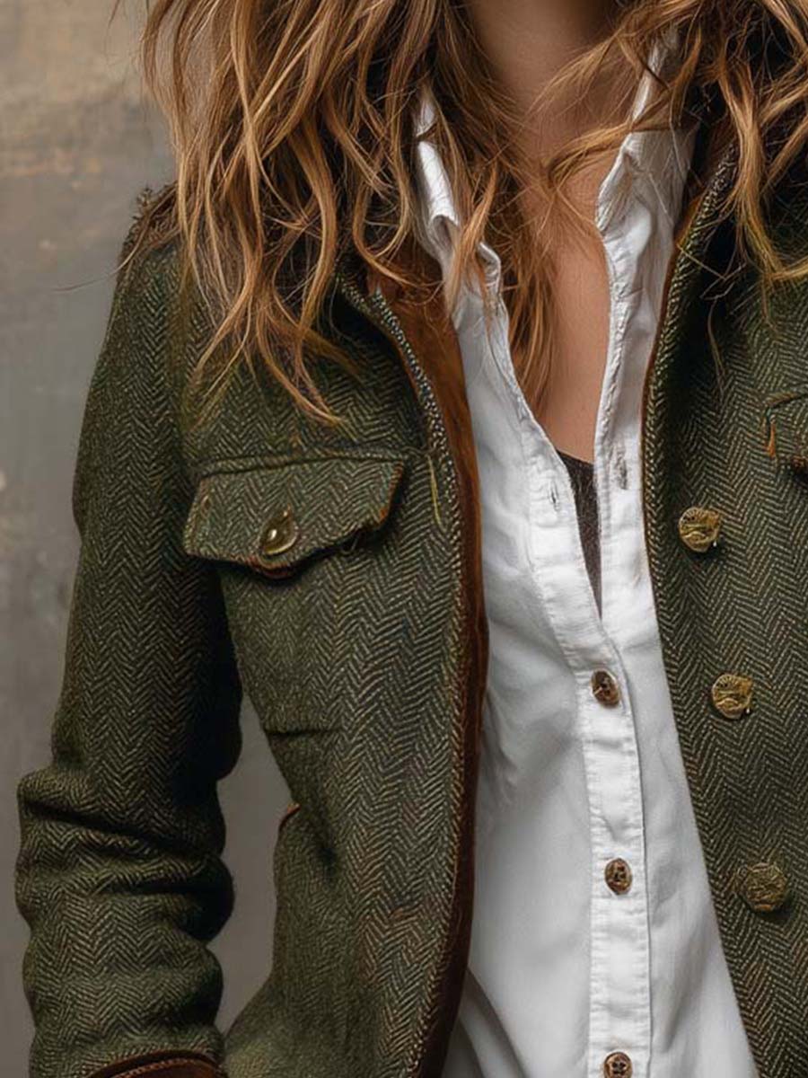 Blazer Vintage Femminile a Coste con Rifiniture a Contrasto