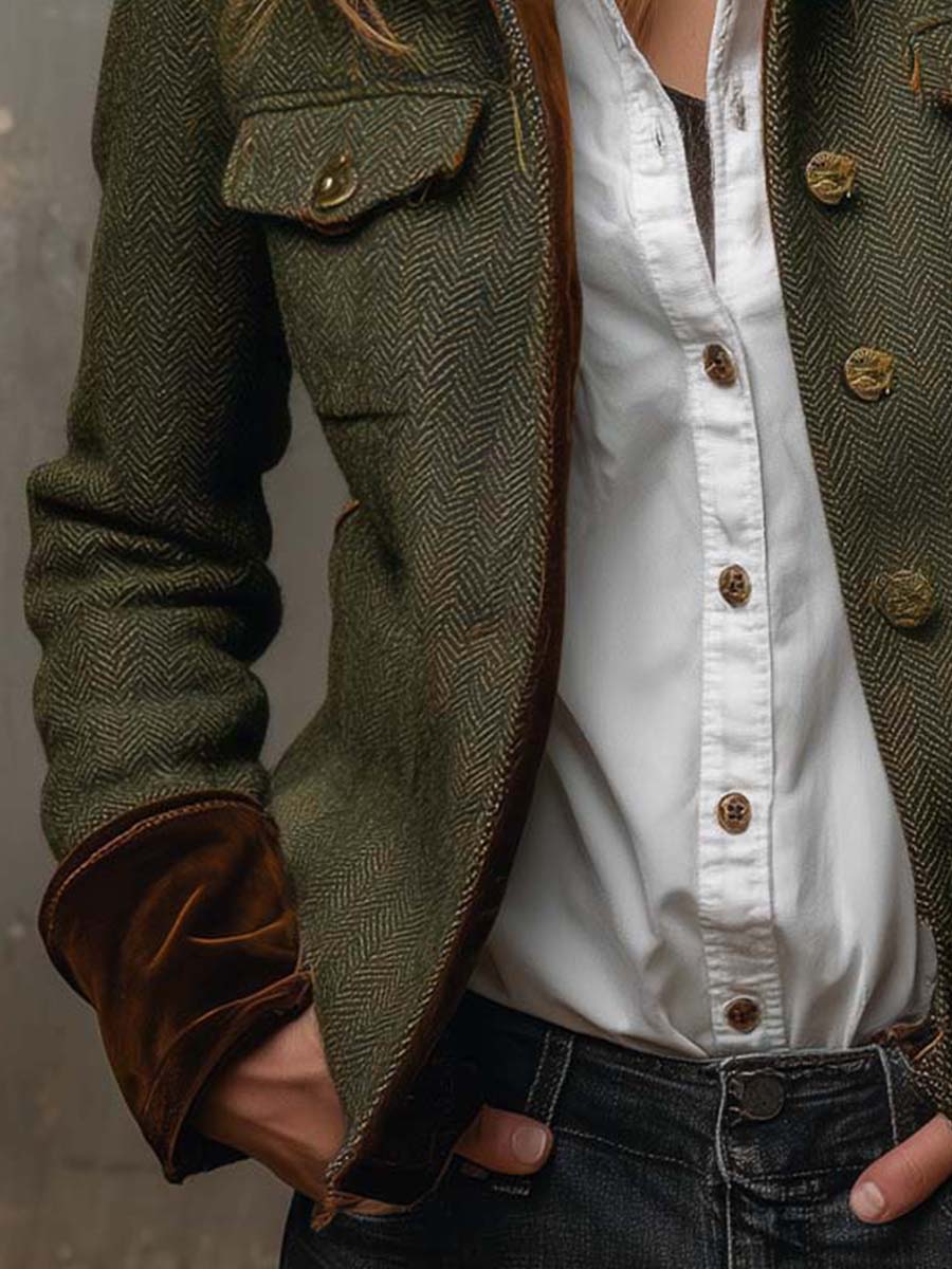 Blazer Vintage Femminile a Coste con Rifiniture a Contrasto