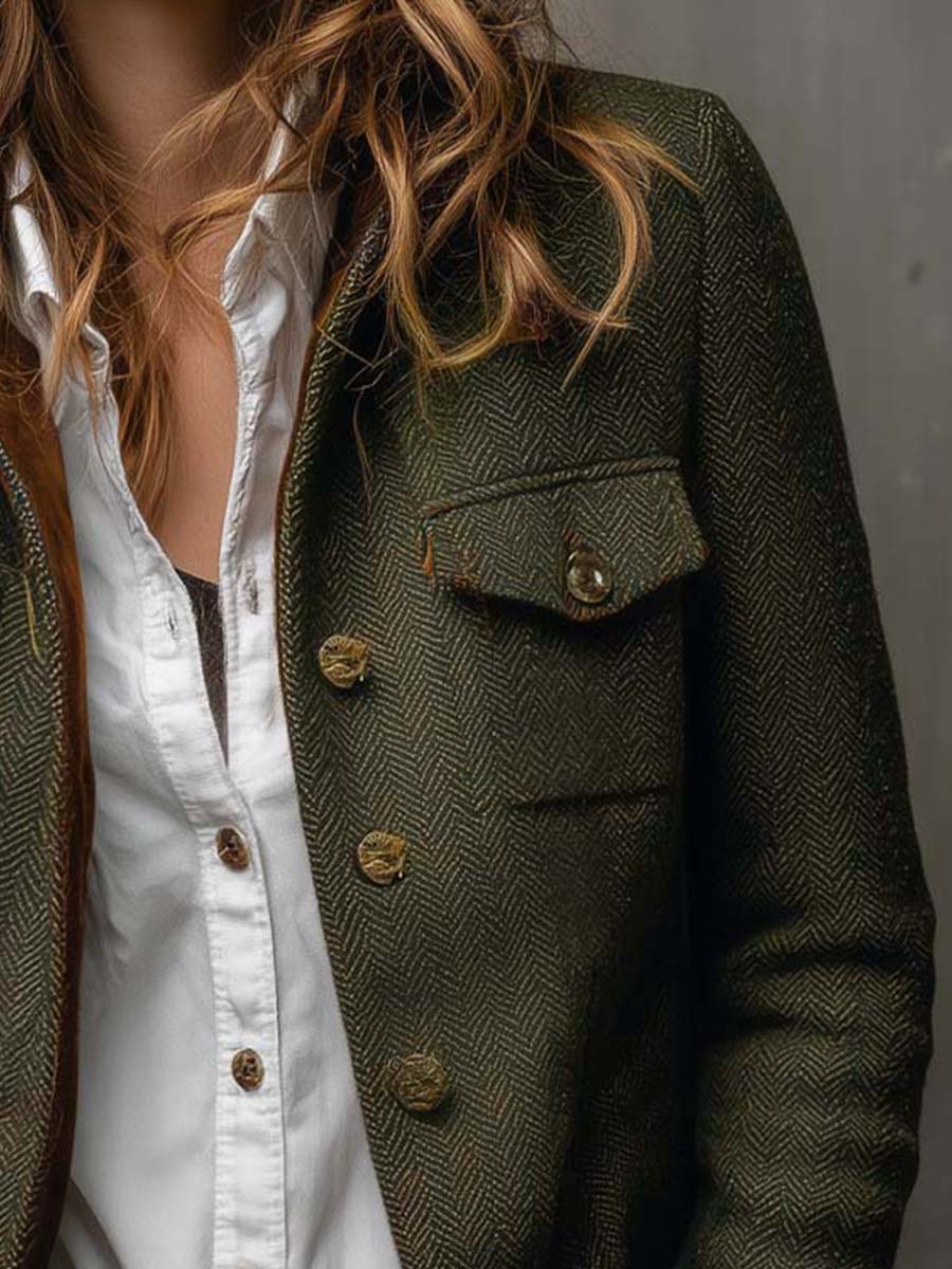 Blazer Vintage Femminile a Coste con Rifiniture a Contrasto