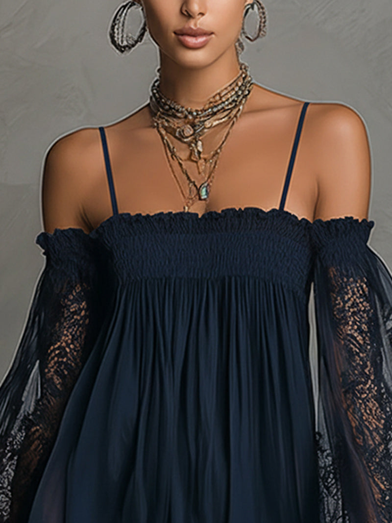 Noemi™ | Mini Abito in Chiffon di Pizzo Blu Navy