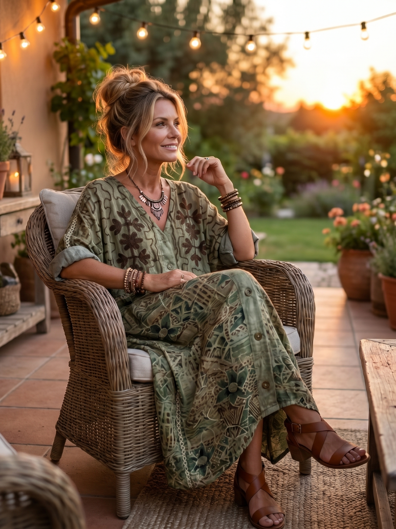 Aleta | Abito Midi Oversized con Ricamo e Bottoni Frontali