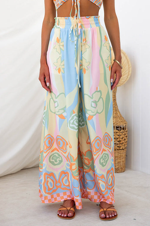 Pantaloni Palazzo Stampati con Vita Elastica e Coulisse