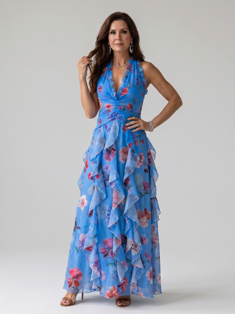 Nori | Abito Maxi Floreale con Scollo All'Americana e Corpino Arricciato