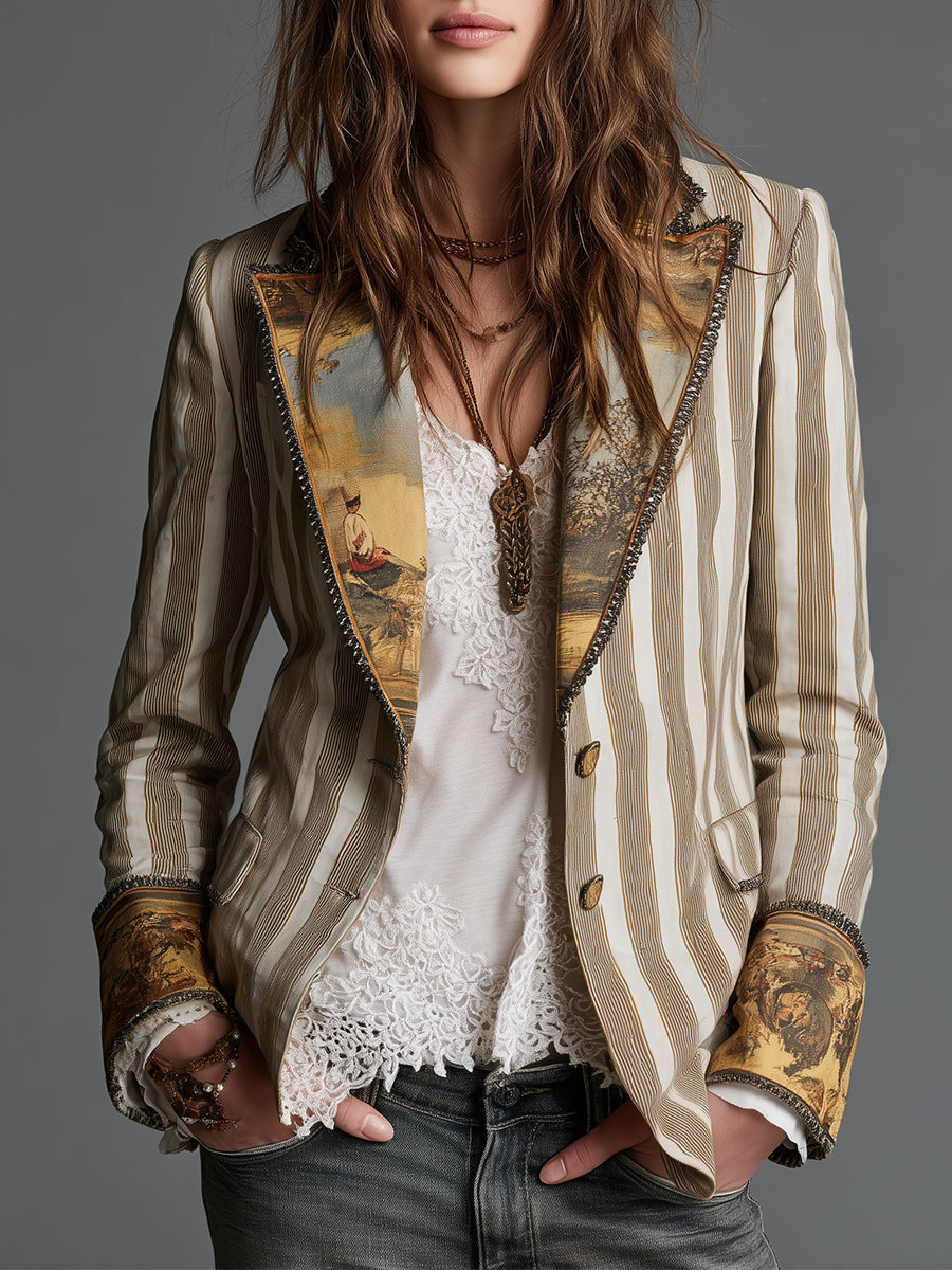 Blazer da Donna Boho a Strisce Stampato con Rever
