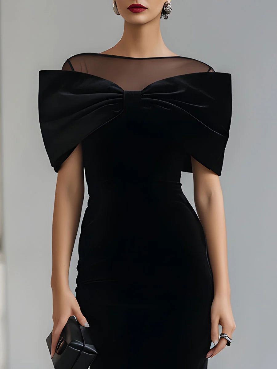 Regina ❘ Abito Midi in Velluto Nero con Fiocco Drammatico