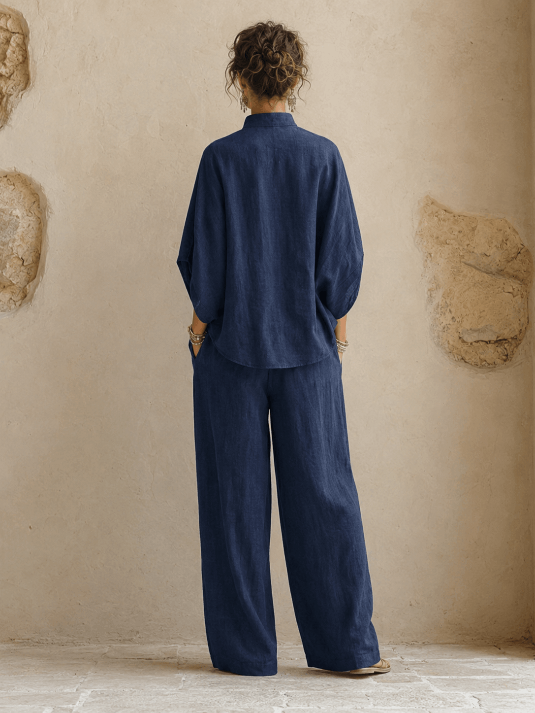 Maribel | Blusa in Lino con Maniche a Pipistrello e Pantaloni a Gamba Larga