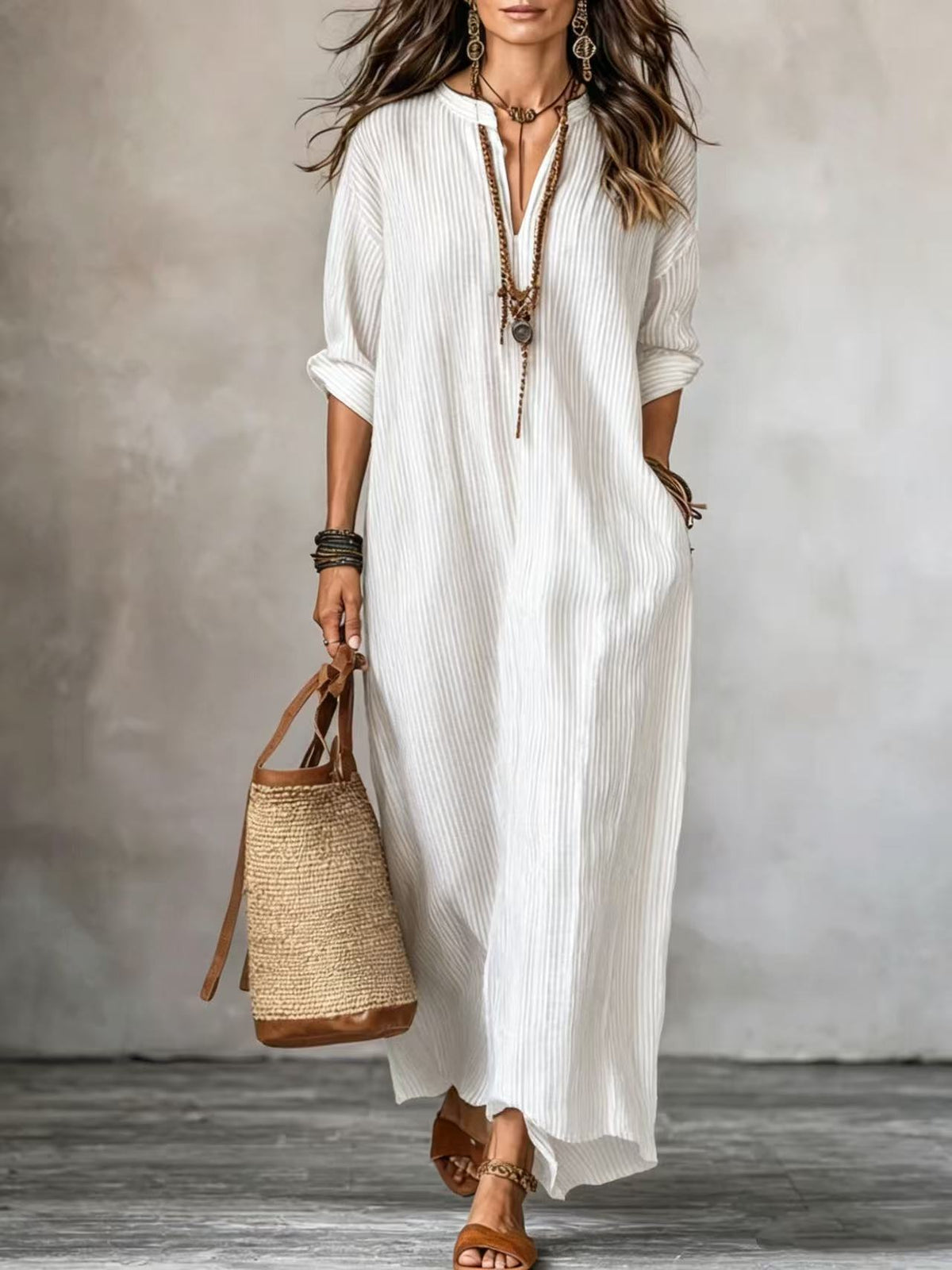 HAVEN | Abito Maxi a Maniche Lunghe Stile V-Neck a Strisce con Tasche Laterali
