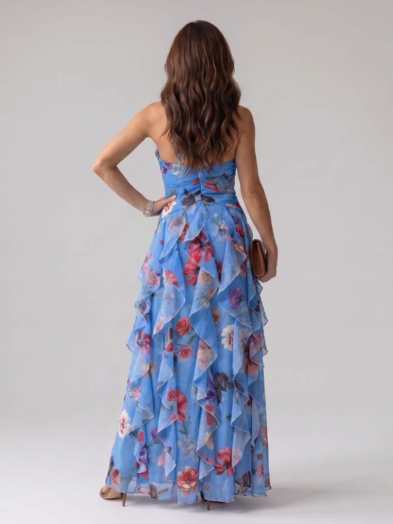 Nori | Abito Maxi Floreale con Scollo All'Americana e Corpino Arricciato