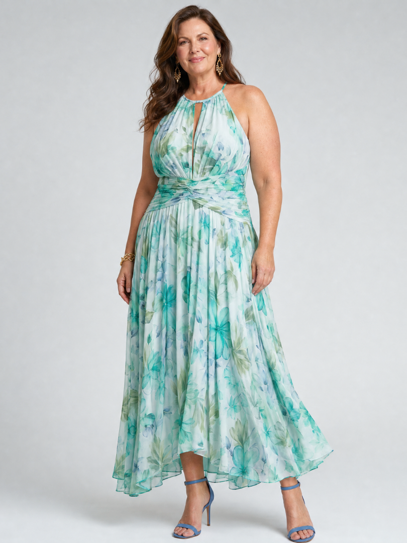 Portia™ Abito Midi con Scollo All'Americana e Fantasia Floreale Pieghettata