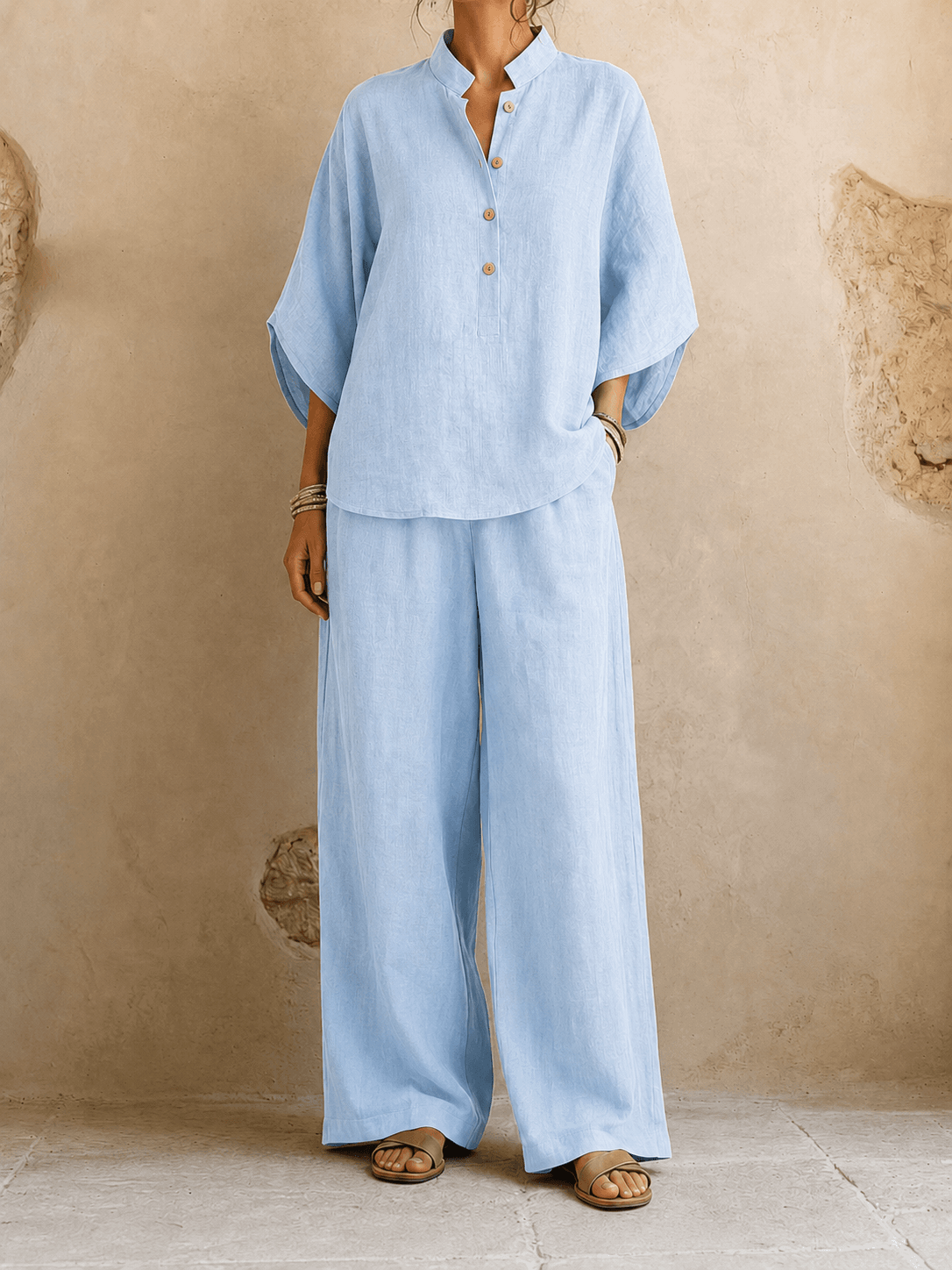 Maribel | Blusa in Lino con Maniche a Pipistrello e Pantaloni a Gamba Larga