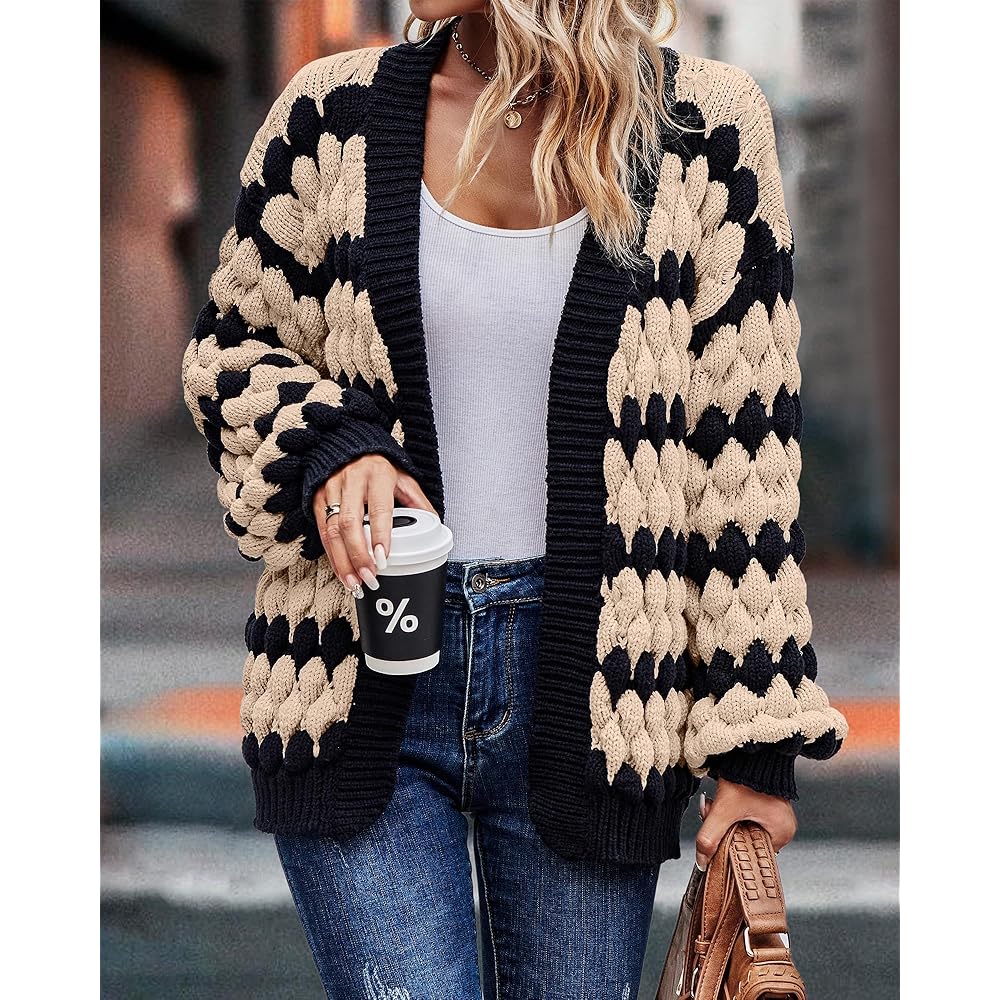 Cardigan da donna con maniche a lanterna, apertura frontale e colori a strisce