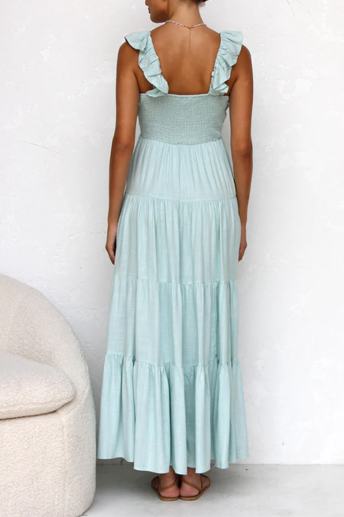 Abito Maxi in Lino Senza Maniche con Rouches e Scollatura a V Margovil