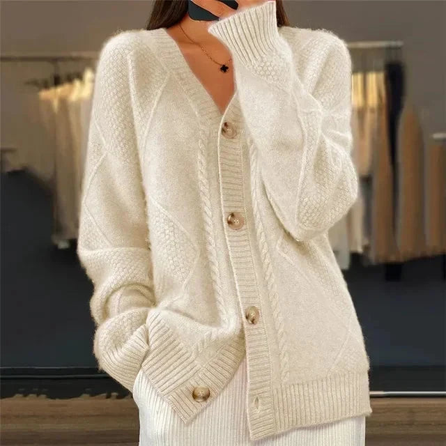 Aaliyah | Cardigan con Bottoni e Scollatura a V con Dettaglio a Maglia a Diamante, Strato Quotidiano