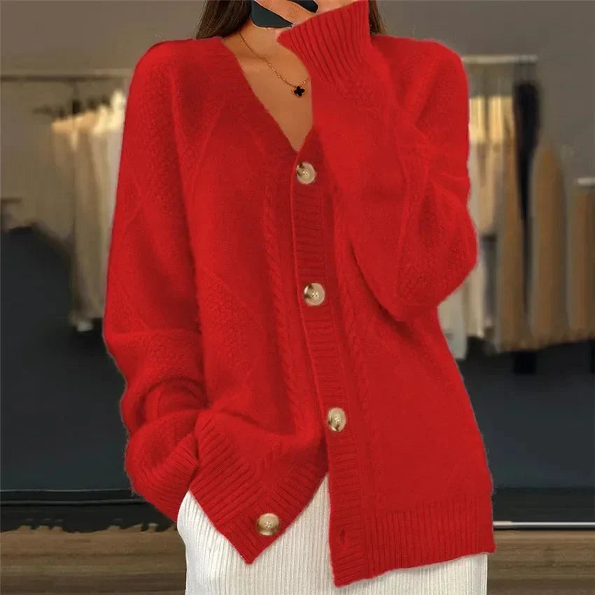Aaliyah | Cardigan con Bottoni e Scollatura a V con Dettaglio a Maglia a Diamante, Strato Quotidiano
