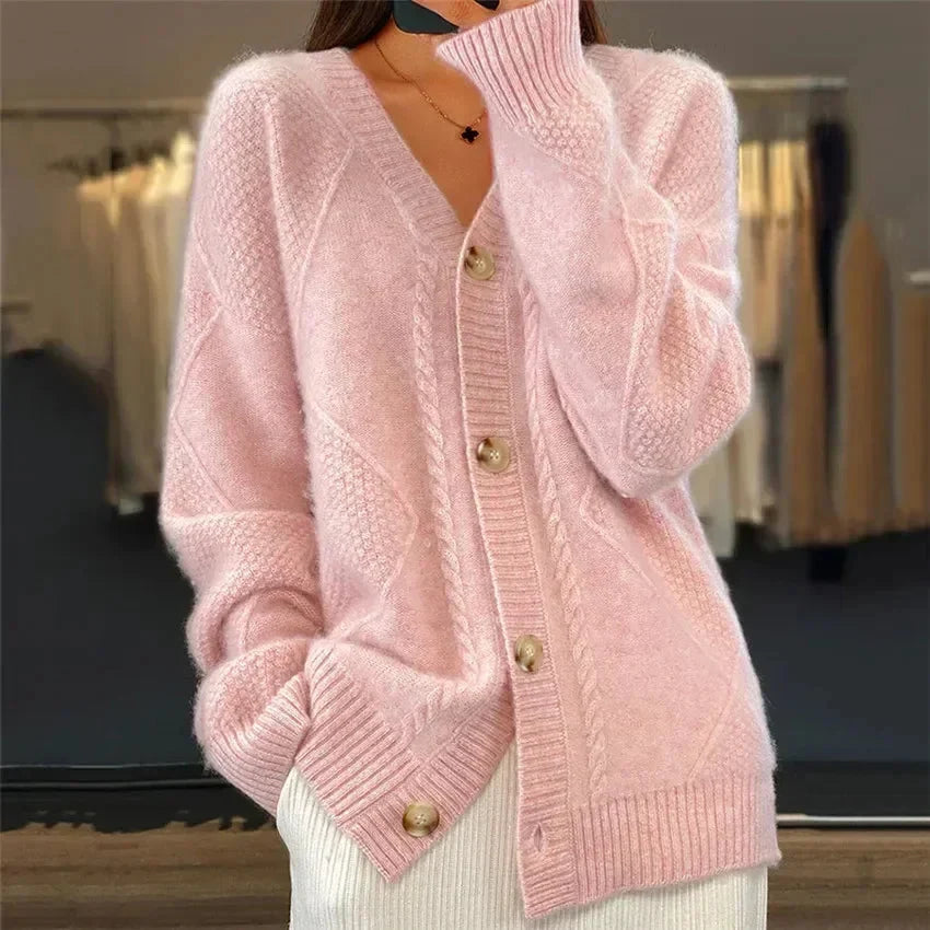 Aaliyah | Cardigan con Bottoni e Scollatura a V con Dettaglio a Maglia a Diamante, Strato Quotidiano
