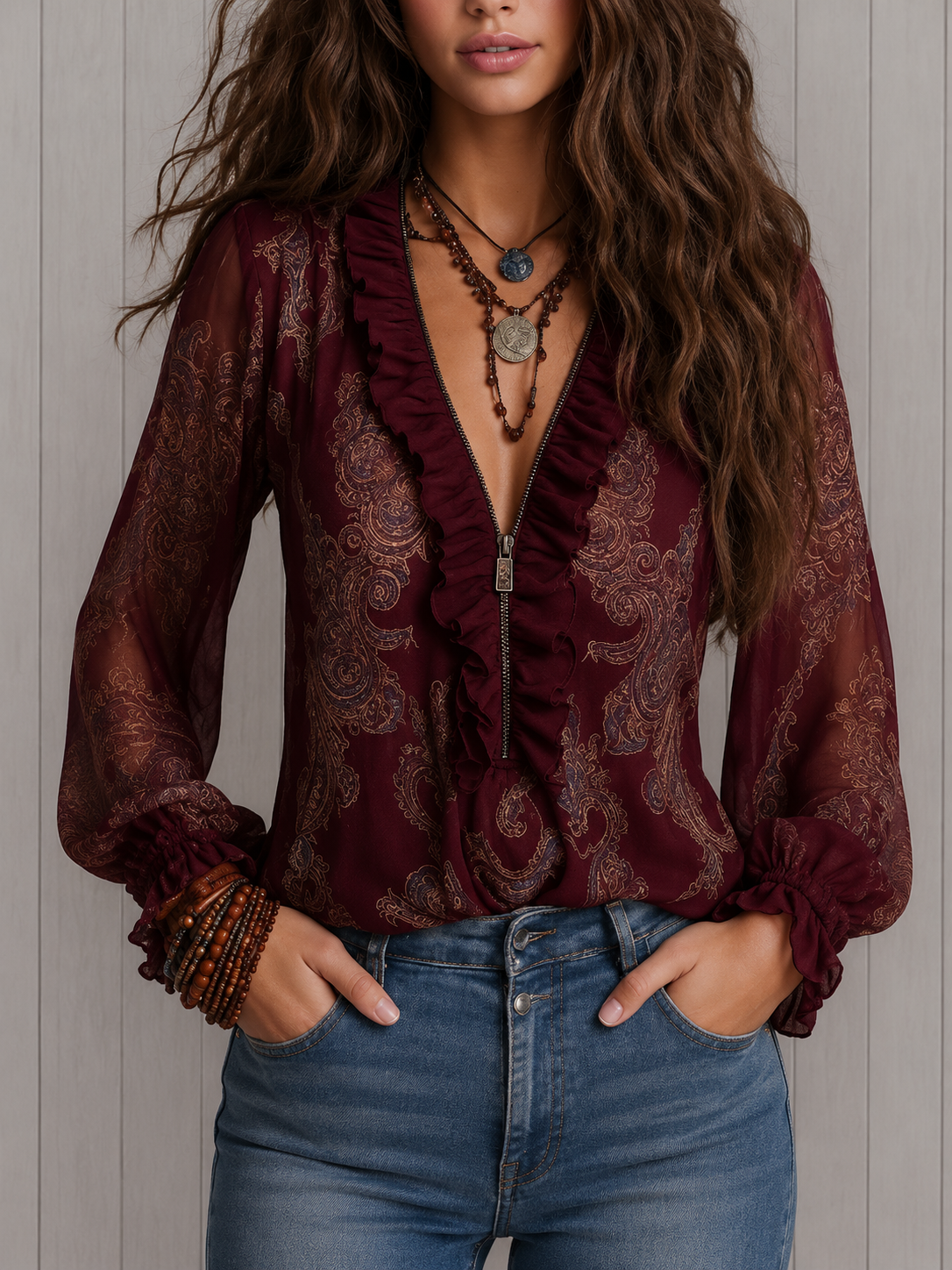 Elise | Blusa in Chiffon con Rouches Barocco Paisley