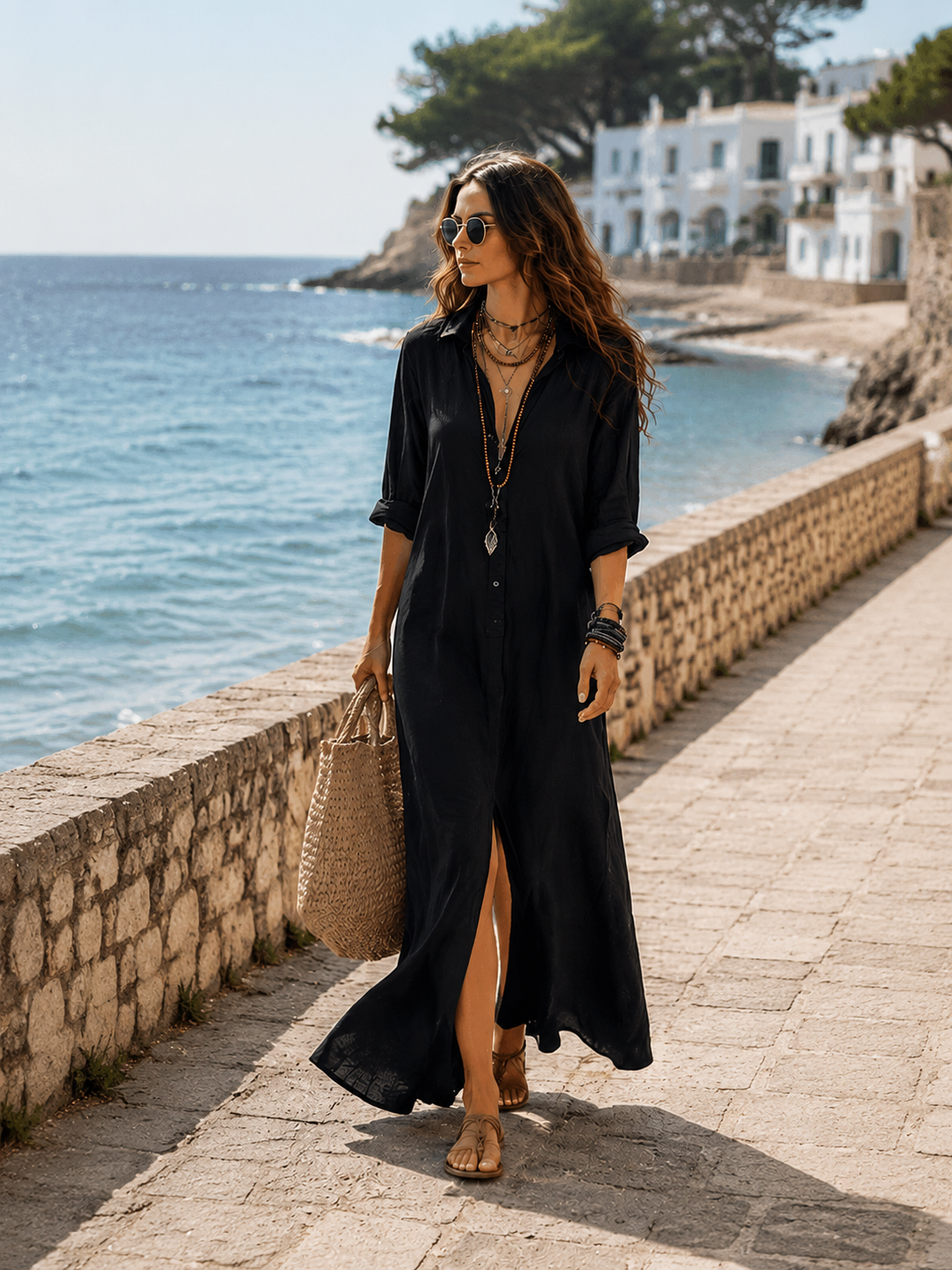 Abito Maxi in Stile Bohemien con Bottoni Neri