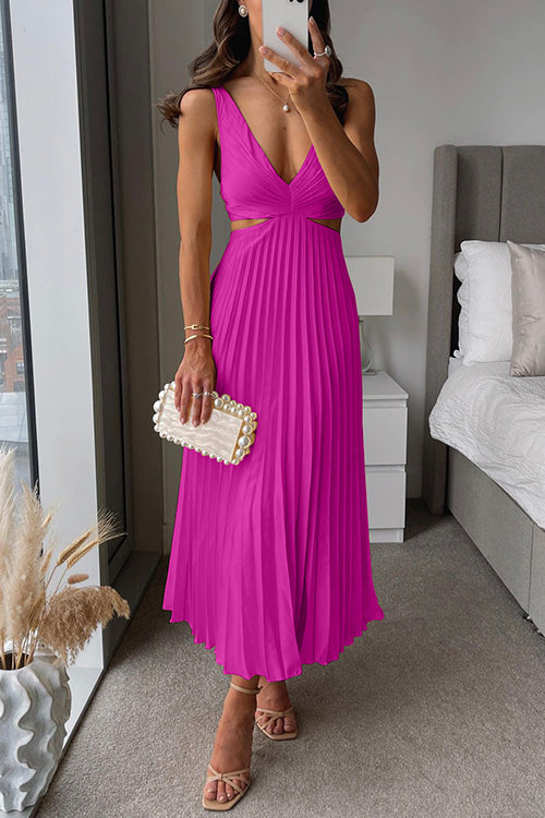 7 Colori Abito Maxi Senza Maniche Plissettato con Scollo a V e Vita Scoperta
