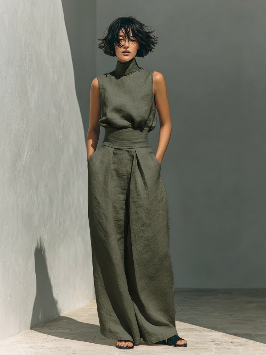 Mariaâ„¢ | Set completo con top a canotta e pantaloni larghi in cotone e lino