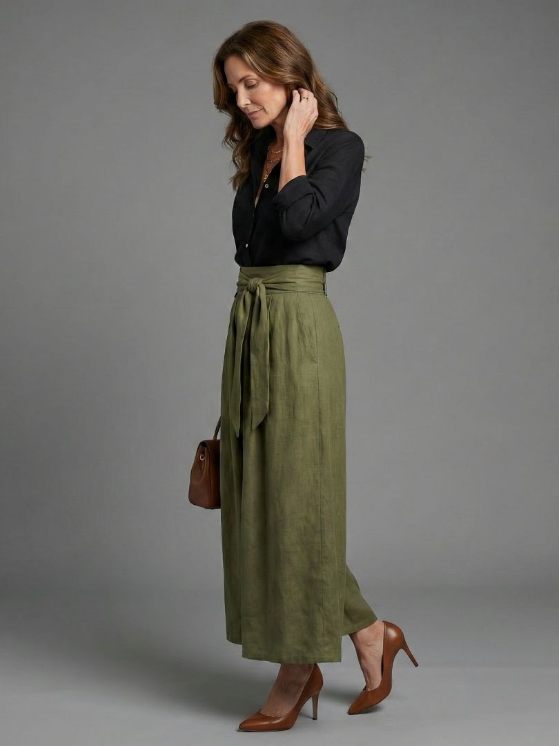 Vera | Completo a Due Pezzi Blusa Nera Gonna Midi Verde Oliva