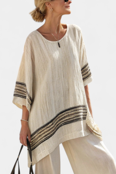 Harlowe | Elegante Top in Lino a Strisce Nere e Pantaloni Fluttuanti