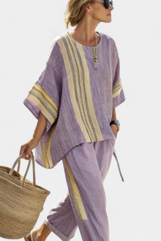 Elowric | Elegante Top Lavanda & Pantaloni a Righe Senape