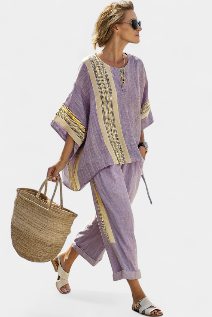 Elowric | Elegante Top Lavanda & Pantaloni a Righe Senape
