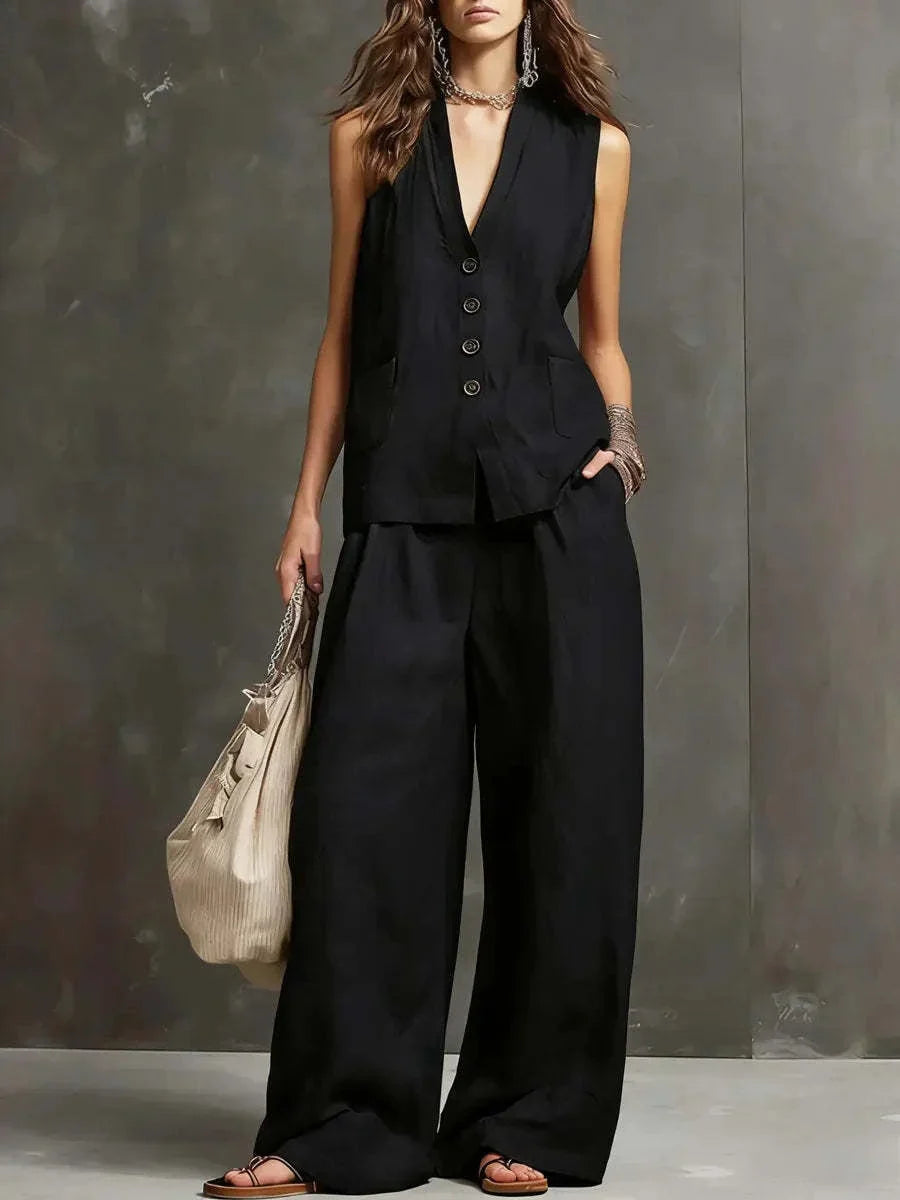 Harper | Cotton-Linen Two-Piece Set with Sleeveless Vest & Wide-Leg Pants