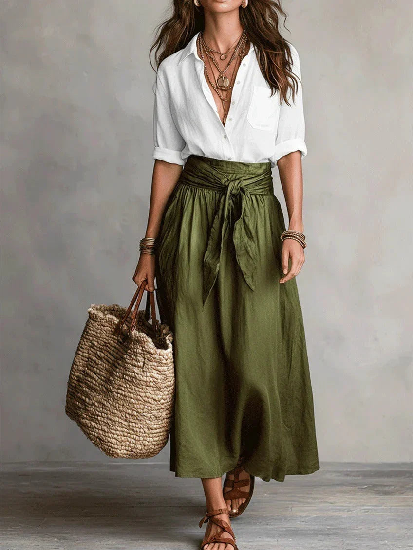 Completo Elegante di Due Pezzi con Blusa Nera e Gonna Midi