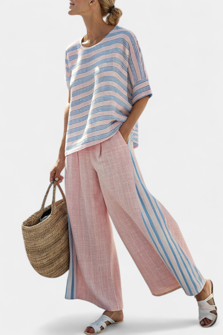Virella | Elegante Blusa in Lino Rosa-Blu e Pantaloni Morbidi